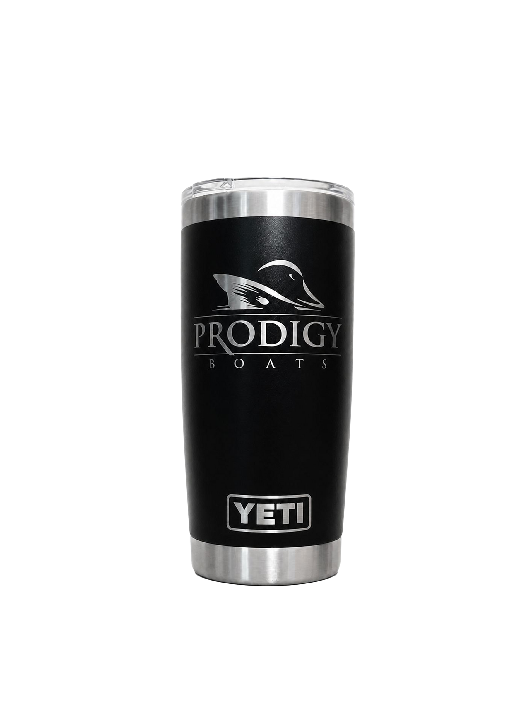 A black Yeti tumbler with stainless steel accents, featuring the 'PRODIGY BOATS' logo and a duck silhouette on the front.