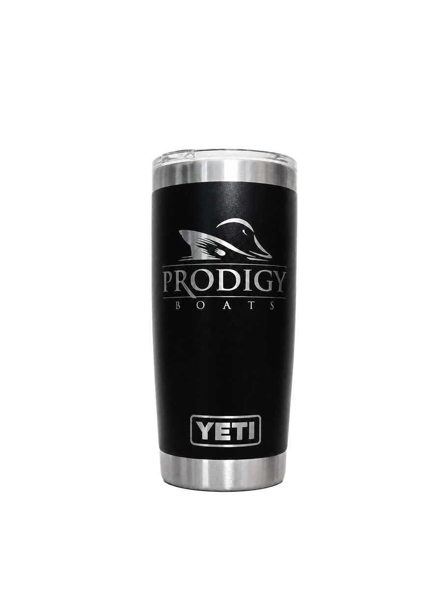 A black Yeti tumbler with stainless steel accents, featuring the 'PRODIGY BOATS' logo and a duck silhouette on the front.