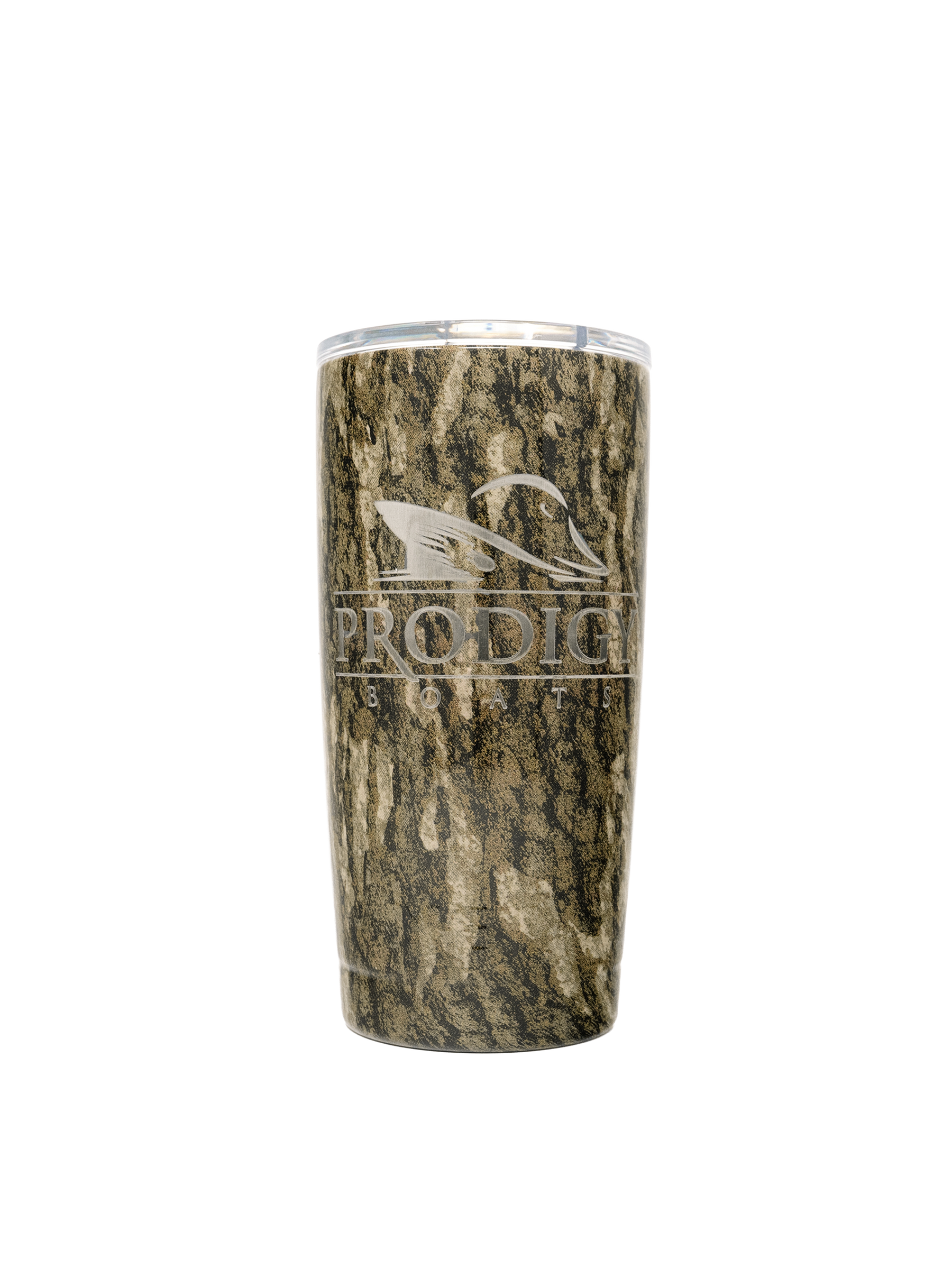 A 20 oz insulated stainless steel tumbler with a Mossy Oak - Bottomland camouflage pattern and a clear plastic lid, featuring the Prodigy logo and the text 'PRODIGY BOATS' on the front.