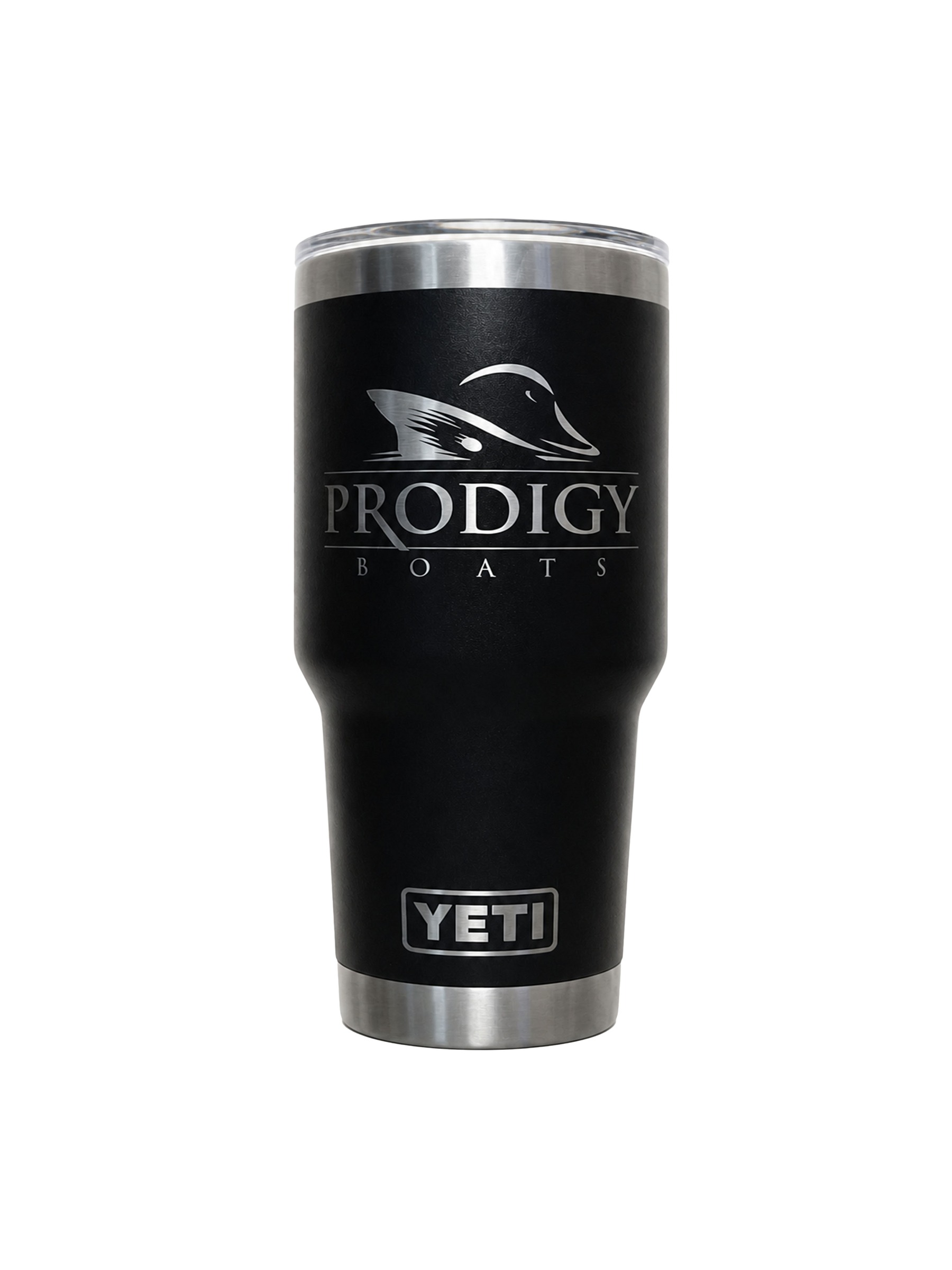 A black Yeti tumbler with a silver stainless steel rim and base, featuring the 'PRODIGY BOATS' logo and a duck silhouette on the front.