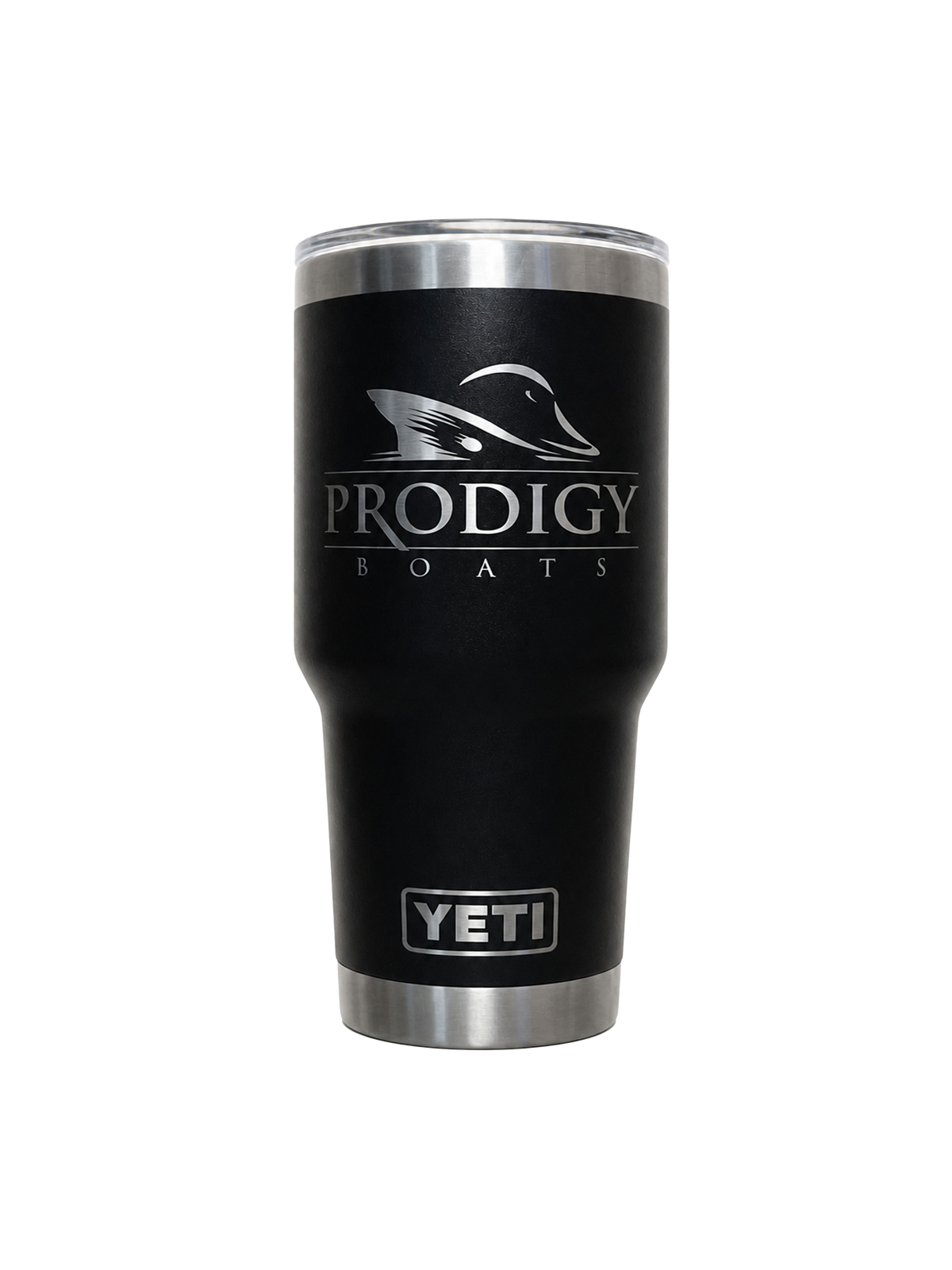 A 30 oz black insulated stainless steel tumbler with the Prodigy Boats logo and duck silhouette on the front