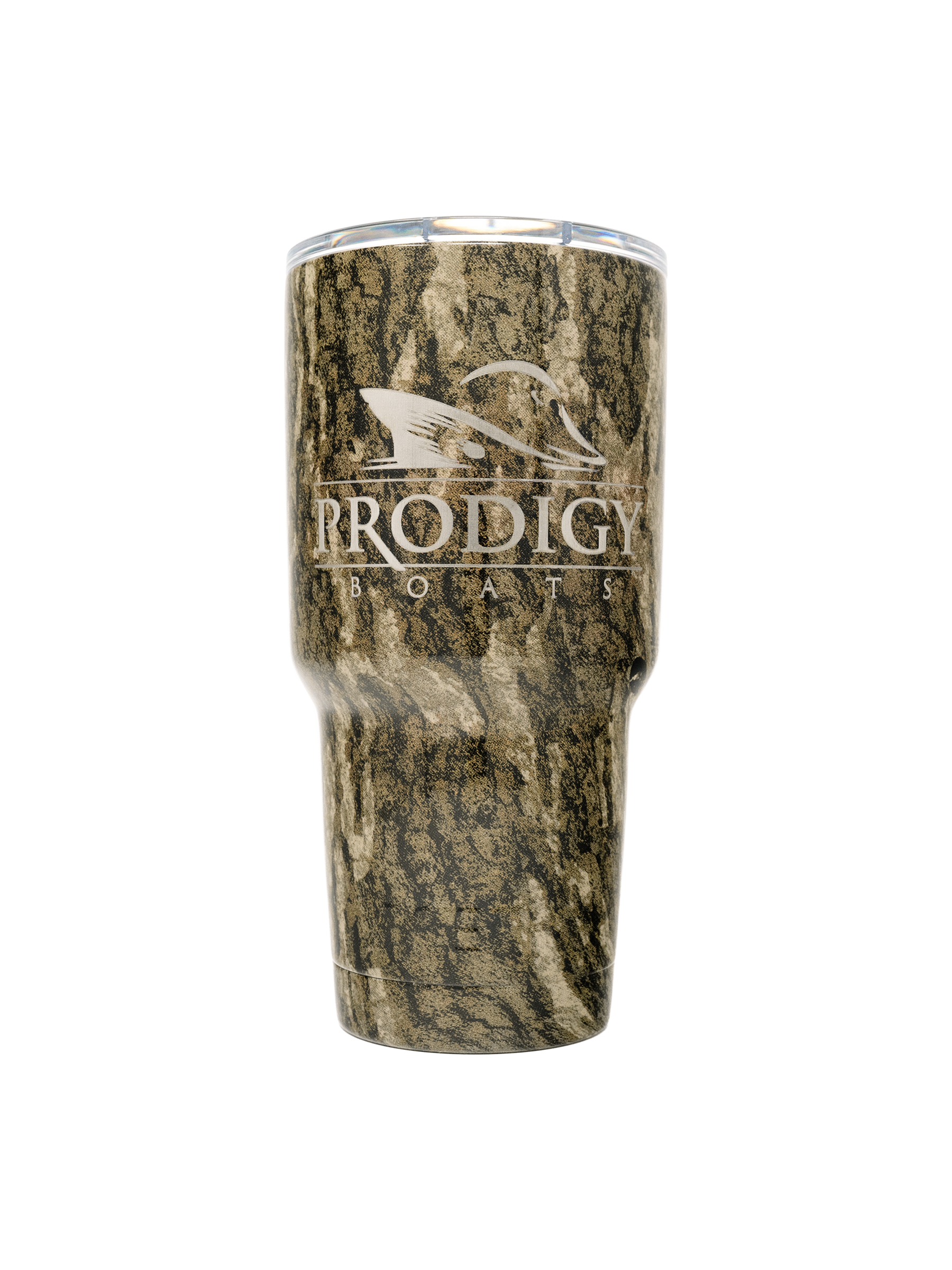 A 30 oz insulated stainless steel tumbler with a camouflage bark pattern, featuring an etched logo for 'Prodigy Boats' on the front.