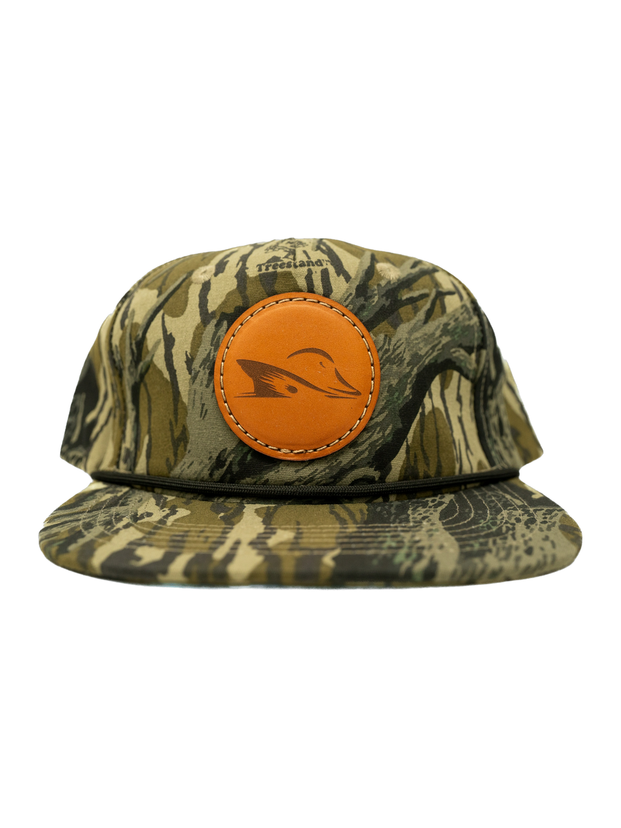 Camo Rope Hat in Mossy Oak Treestand with leather patch, front view
