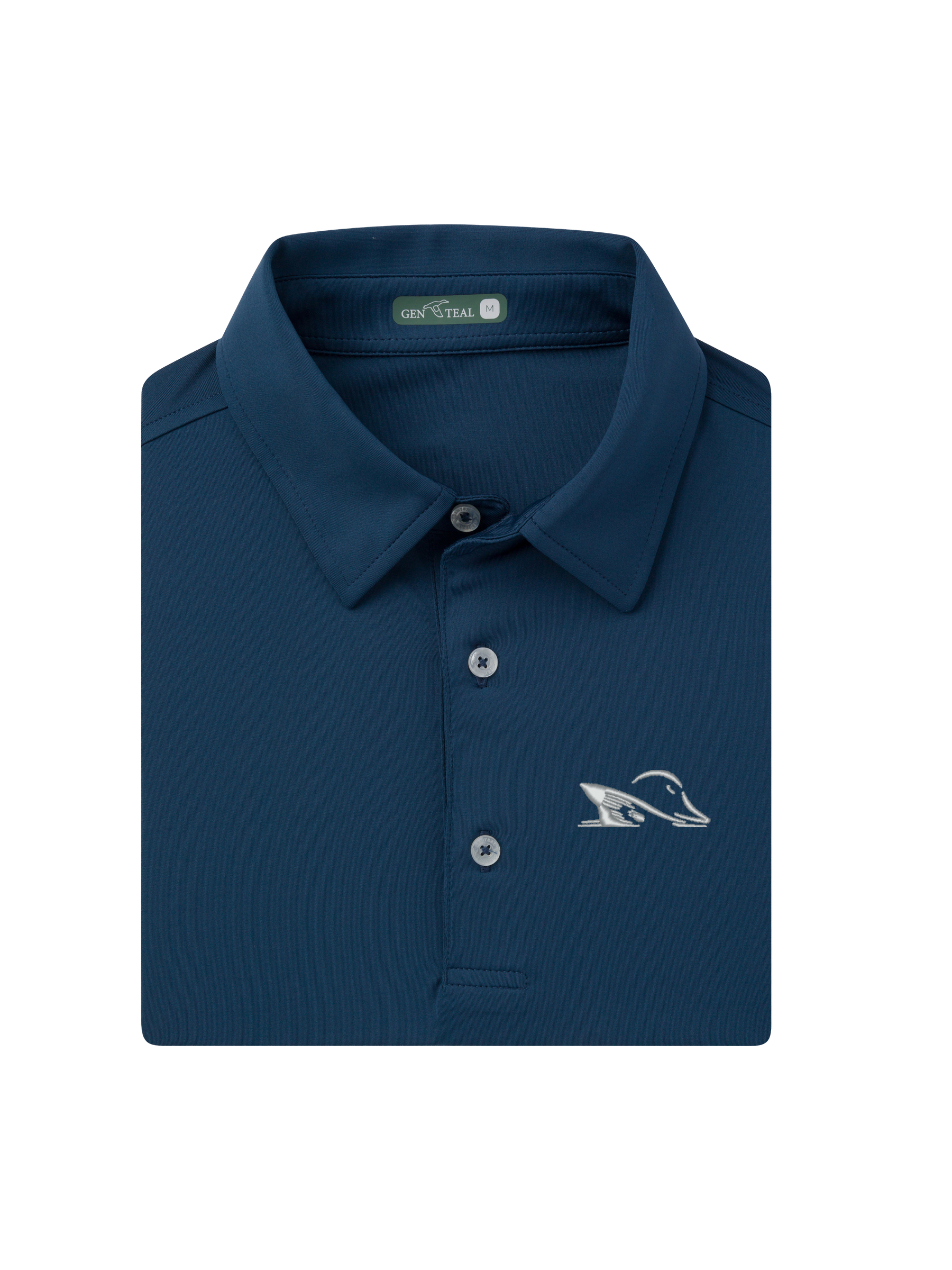 A folded navy blue polo shirt with a white embroidered duck logo on the left chest, displayed on a clean white background.