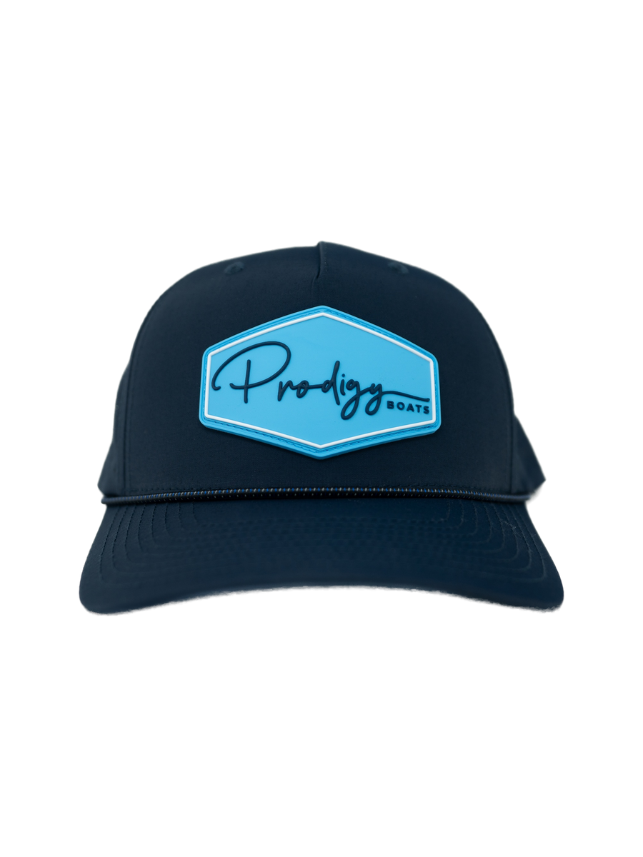 Prodigy Boats performance hat with script PVC patch, front view