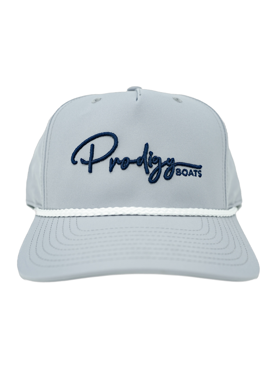 Prodigy Boats performance rope hat with script logo, front view
