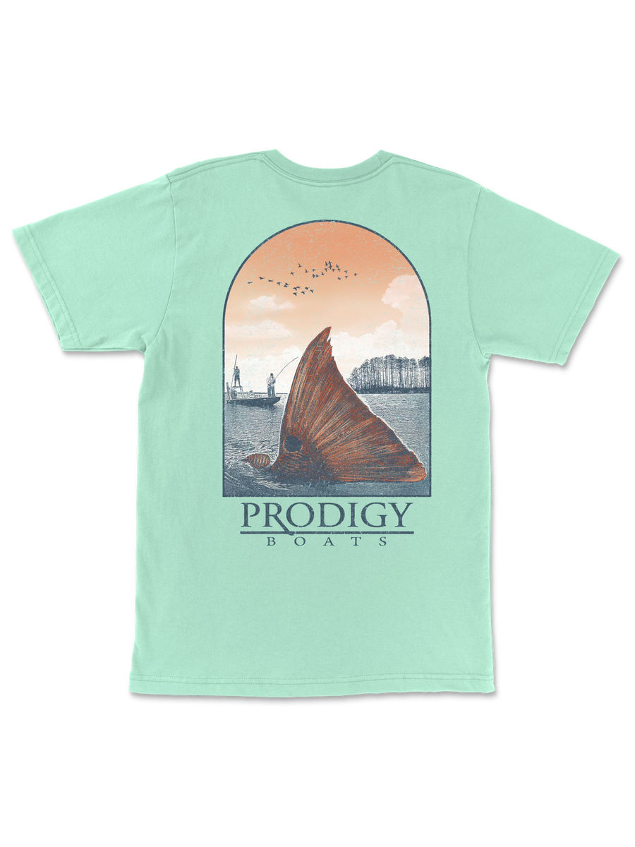 Red Fish Pocket Tee in Mint, back view showing the full graphic