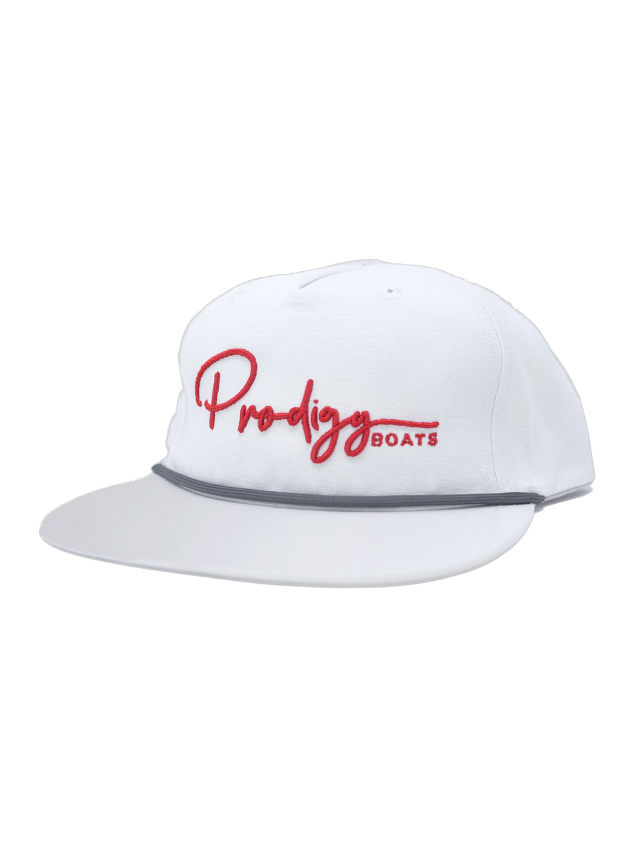 Prodigy Boats white rope hat with script logo, front view