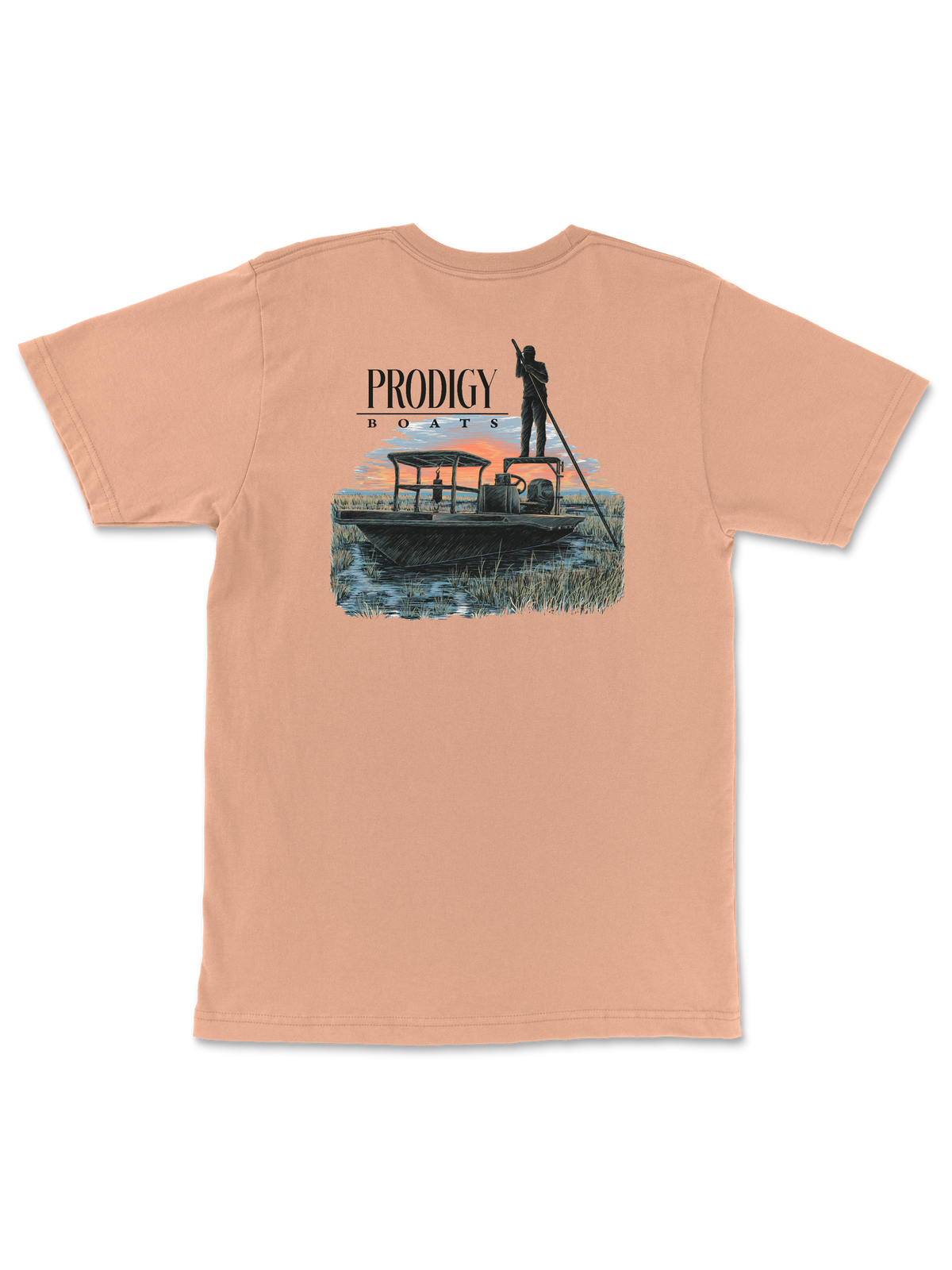 Skiff Pocket Tee in Peach, back view showing the full graphic
