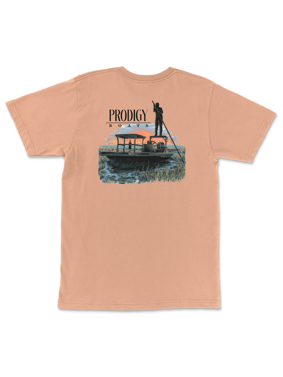 Skiff Pocket Tee in Peach, back view showing the full graphic